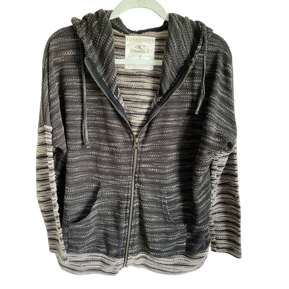 O’Neill Knit Hooded Sweater Sz M Zip-Up Long Sleeve Pockets Black Tan